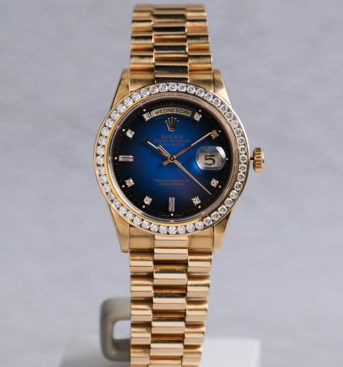 ขายนาฬิกา ROLEX Day Date 36 Full Gold Diamonds Vignette Blue 18238