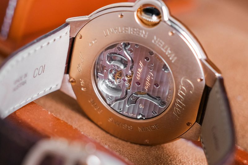 Cartier Ballon Bleu Tourbillon 18K Rose Gold Skeleton open case back manual winding