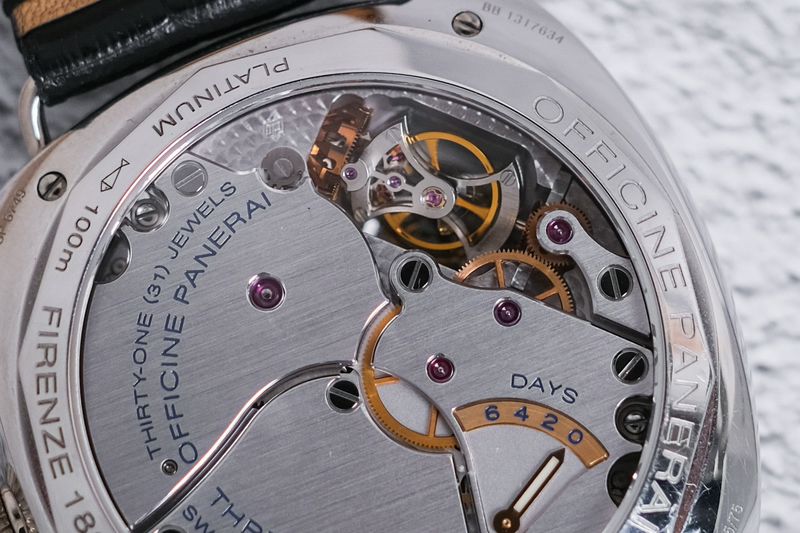 Panerai Radiomir Tourbillon GMT PlatinumPAM00316 open manual winding back case