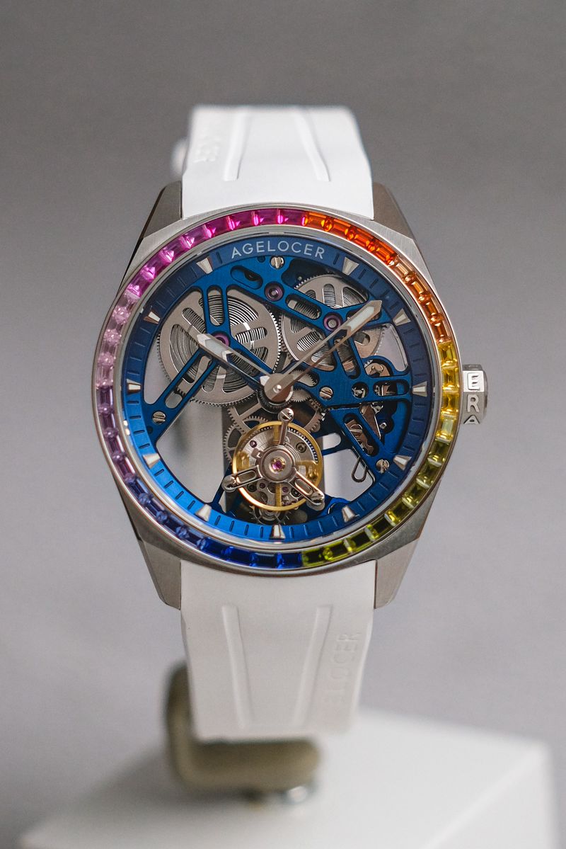 รับซื้อนาฬิกา Agelocer Flying Tourbillon Fluoro Rubber Men's Hollow Mechanical Watch - Rainbow Bezel
