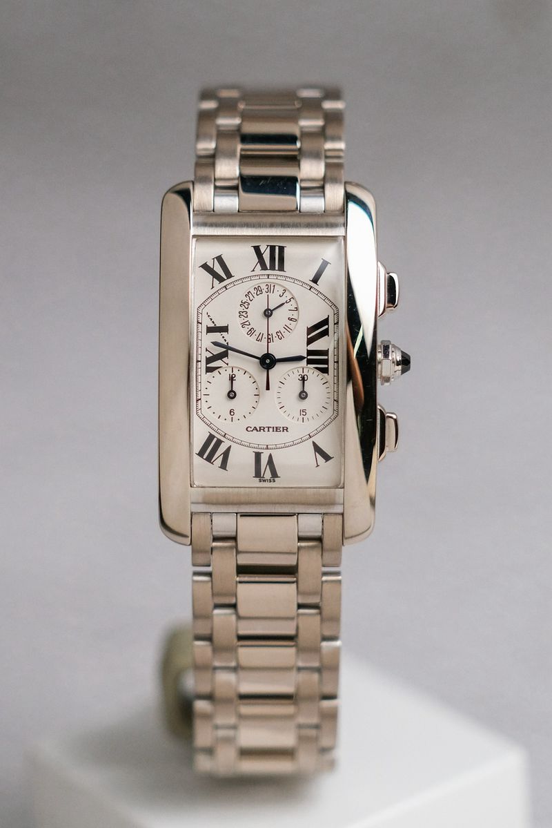 ร้านนาฬิกา Cartier Tank Américaine Chronograph Full 18K White Gold Ref W26033L1