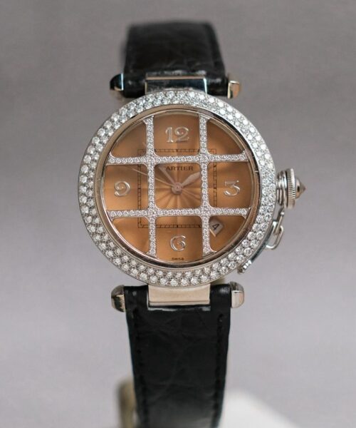 Cartier Pasha 38mm Grid Diamond Salmon Pink Dial 18K White Gold WJ101251