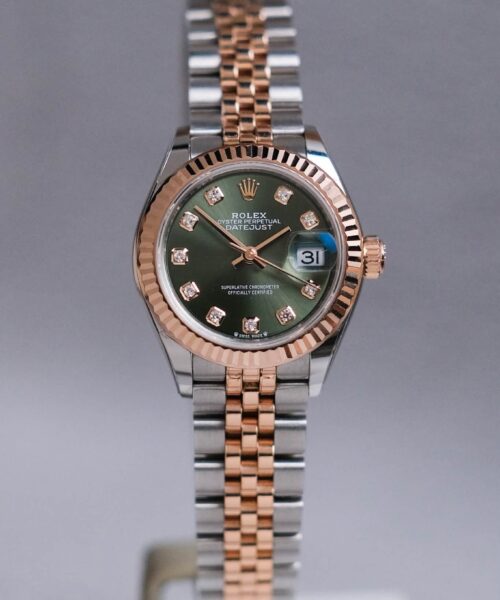 รับซื้อนาฬิกา Rolex Lady-Datejust 28 Everose Rolesor Olive Green Diamond Dial 279171